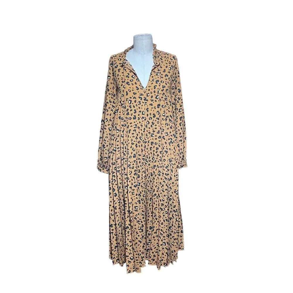 & Other Stories Dress Long Sleeve Midi Pleated Tie Neck Leopard Print Tan Size 4